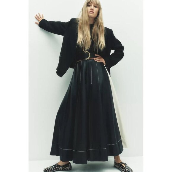 NWT Size 6 - Anthro Faux Leather Colorblock Pleated Maxi Skirt (NWT US$ 158) - Picture 2 of 16